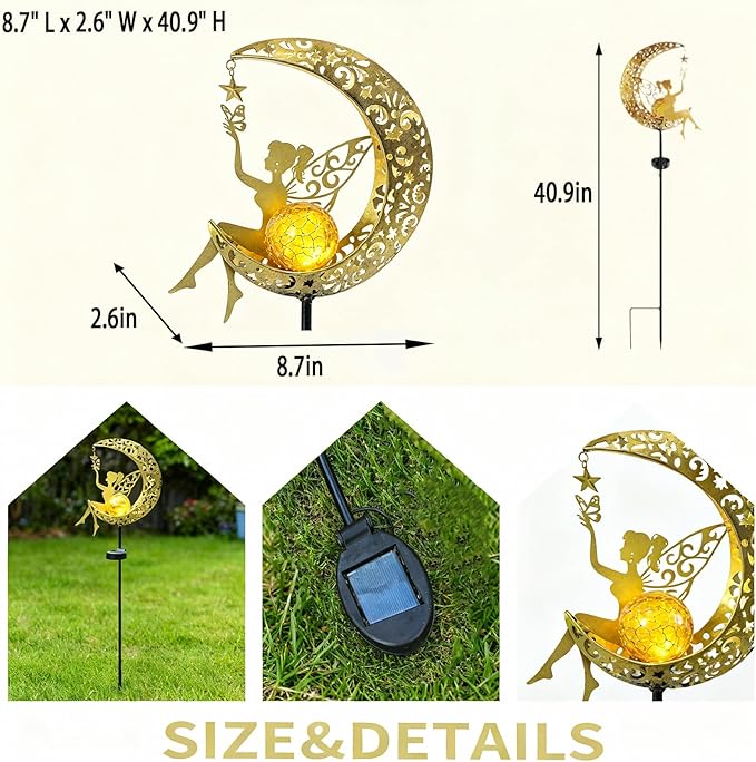 Solar Moon Stake Light, Fairy Garden Sculpture, Outdoor Waterproof Yard Art for Patio Lawn Decor, Mother's Day Spring Easter Gifts for Mom Grandma Women, Housewarming House Gift, Easy Install