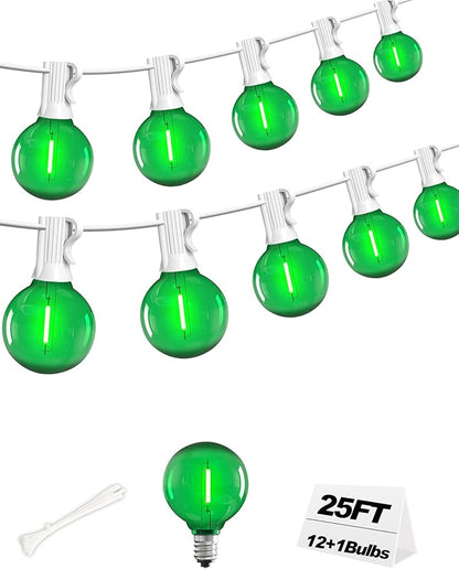 25Ft G40 Green LED String Lights with White Wire - Shatterproof Outdoor Patio Lights for St. Patrick's Day, Porch & Dorm Decor - Connectable, Waterproof, 12 Bulbs + 1 Spare