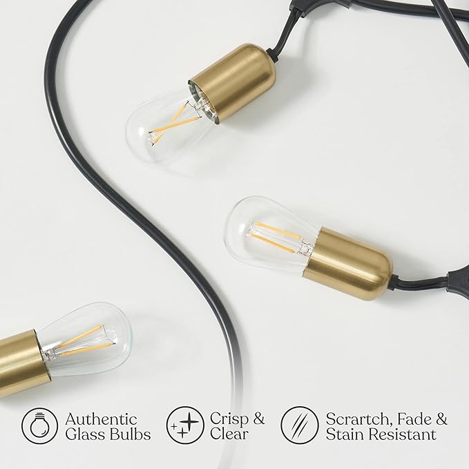 Brightech Glow LED String Lights - 48 Ft Commercial Grade Patio Lights with Beautiful Brass Accents - Outdoor Waterproof Globe Porch String Lights for Outside, Backyard, Gardens - 15 2W LED Bulbs