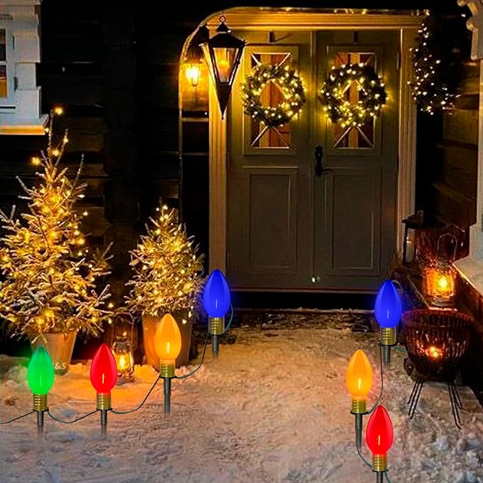 SUNSGNE C9 Christmas Pathway Lights, 7Ft Outdoor Stake with 4 Jumbo Multicolor LED Bulbs, Connectable Marker for | Lumora