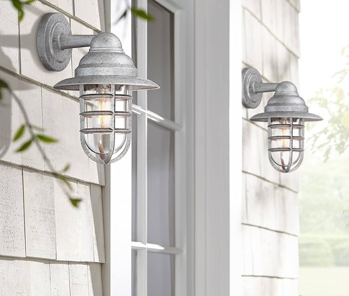 John Timberland Marlowe 13 1/4" High Farmhouse Rustic Modern Hooded Cage Outdoor Wall Light Fixture Mount Porch House Exterior Outside Set of 2 Edison Bulb Weatherproof Galvanized Clear Glass Shade
