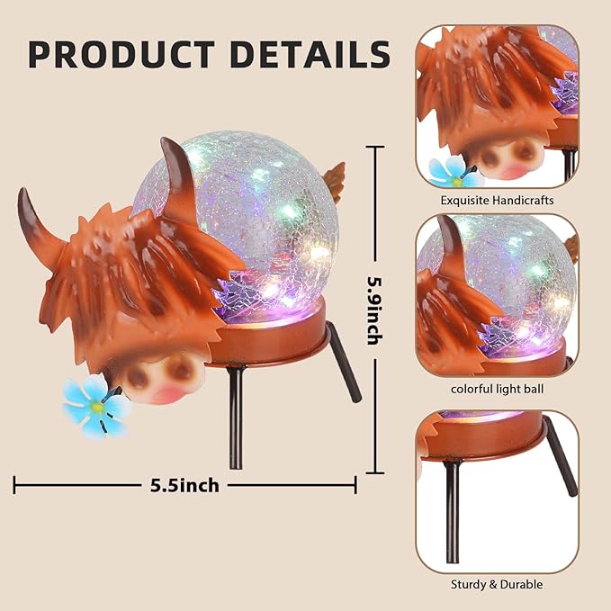 Solar Lights Outdoor Highland Cow Decor with Crackle Glass Globe Lights - Cute Metal Cow - Garden Figurine Light | Lumora
