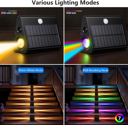 6 Pack Motion Sensor Solar Step Lights, IP67 Outdoor Waterproof Stair Light, Warm White/RGB Colors & Double-Sided Lighting, Outside Decor Light for Deck,Porch,Railing,Fence,Walkway, Yard,Wall,Patio