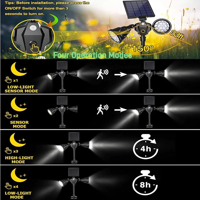Solar Spot Lights Outdoor Waterproof, Double Head Adjustable Bright LED Solar Motion Sensor Lights for Outside | Lumora