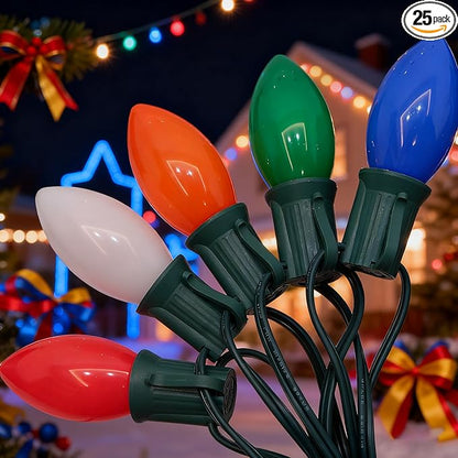 C9 LED Multicolor Christmas Light, 25FT Vintage Christmas Lights with 26 Ceramic LED Bulbs(1 Spare), Hanging Connectable Christmas Tree Roofline Lights for Patio Garden Holiday Home Christmas Decor