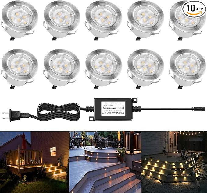 Led Deck Lights Outdoor Waterproof Low Voltage Stainless Steel 1W Outdoor Yard Garden Decoration Lamps Landscape Pathway Patio Step Stairs LED In-ground Lights Silver Border(10pcs, Warm White)