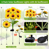 Solar Sunflower Lights Outdoor Garden Decor, 6 Pack Solar Flowers Lights with 36 Sunflowers, Waterproof Decorative | Lumora