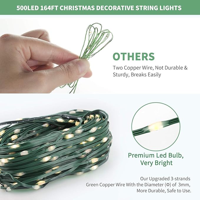 Tcamp 164 Feet 500 LED Christmas Lights, 8 Modes Christmas Tree Lights with Timer Memory Function, Green Wire Starry Fairy String Light for Xmas Tree Halloween Outdoor Indoor Decor (Warm White)