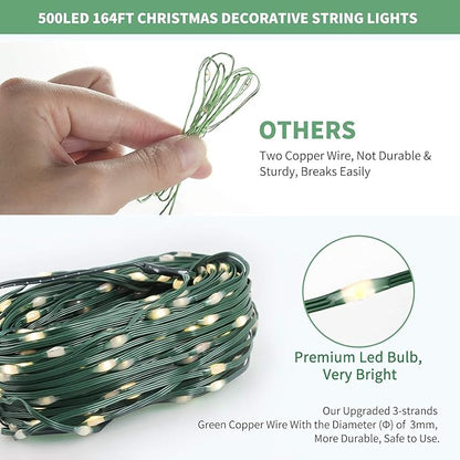 Tcamp 164 Feet 500 LED Christmas Lights, 8 Modes Christmas Tree Lights with Timer Memory Function, Green Wire Starry Fairy String Light for Xmas Tree Halloween Outdoor Indoor Decor (Warm White)
