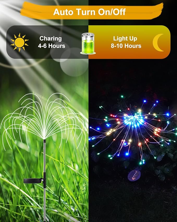 Solar Firework Lights Outdoor Waterproof 2Pcs 150 LED with 8 Modes DIY Stake Landscape Light for Outside Garden Yard Pathway Party Decor Christmas Decoration Solar Starburst Lights Multicolor