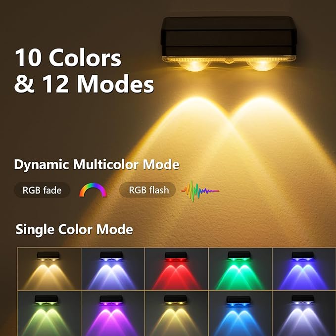 VOLISUN Solar Fence Lights 16 Pack, Warm White, Cool White and RGB Color Glow LED Lamp, IP65 Waterproof Fence Solar Lights Outdoor for Patio, Backyard, Railing, Deck and Wall（Black）