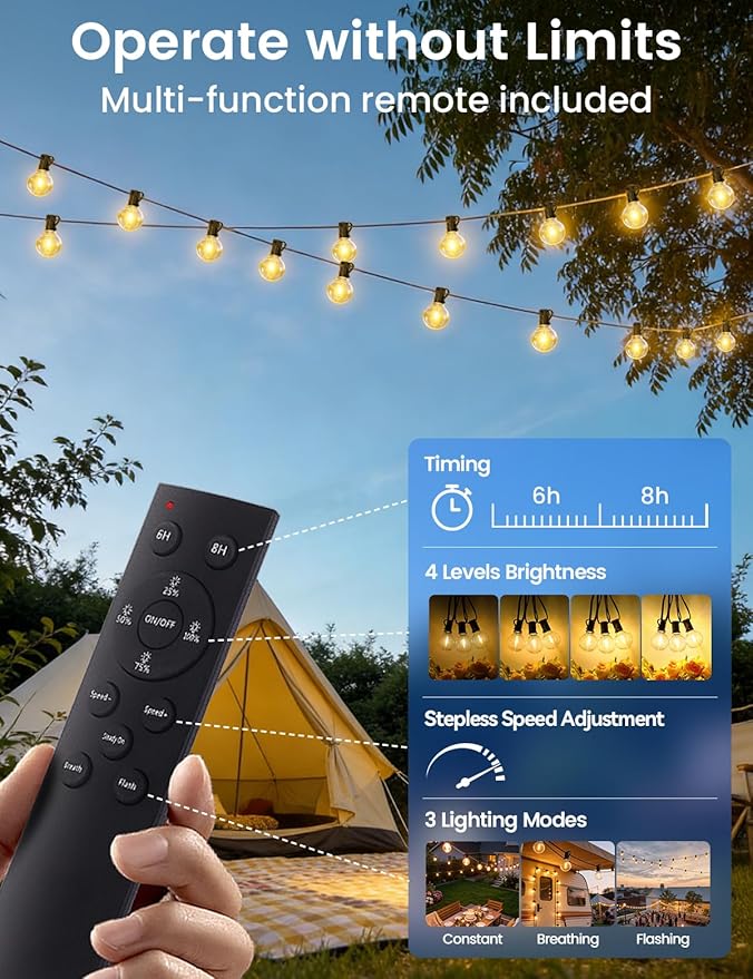 Brightever 38FT Solar String Lights Outdoor with Remote and 15+1 LED Shatterproof G40 Bulbs, Dimmable & Timable, 3 Lighting Modes, Waterproof Solar Power Patio Lights for Outside, Party, Cafe, Bistro