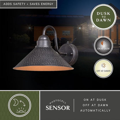 VAXCEL Outland 9 in. H 1-Light Aged Iron and Light Gold Dusk to Dawn Sensor Farmhouse Outdoor Wall Sconce, Gooseneck Metal Shade, Dark Sky Compliant for Exterior Porch Patio Front Door or Garage