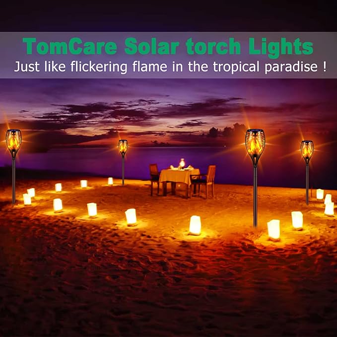 TomCare Solar Lights, 43" Waterproof Flickering Flames 96 LED Torches Outdoor Landscape Decoration Lighting Auto On/Off Pathway Lights for Garden Patio Yard, Black(4)