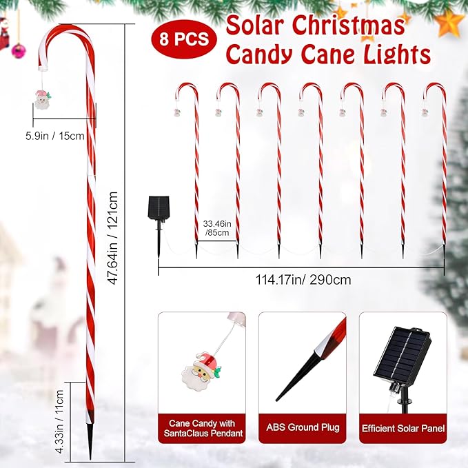 Lewondr 41" Solar Christmas Candy Cane Lights Outdoor, Upgraded Pathway Stake Lights, 8 Modes Control, 96 LED Beads, Waterproof Solar and Type-C Charging Outside Decor for Yard Patio Holiday, 8Pack
