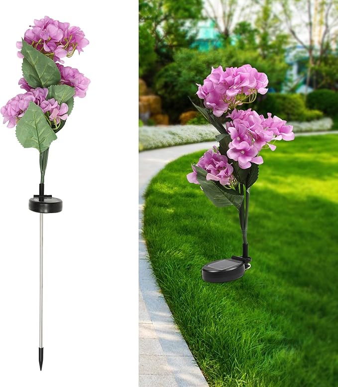 3 Head Solar Garden Light Portable Garden Decor Outdoor Light Garden Solar Powered Light Waterproof Solar Flowers with Realistic Hydrangea Flower for Outdoor Yard Garden Park Rooftop Purple
