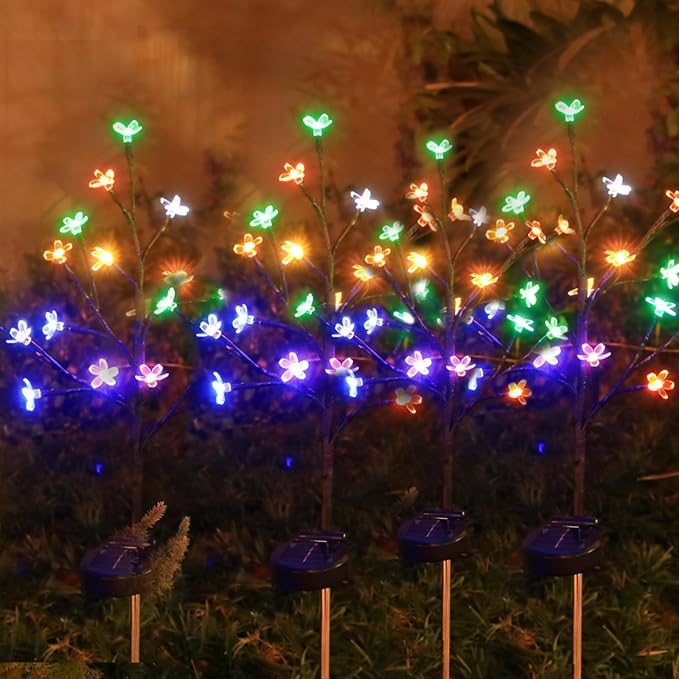 Solar Garden Lights Outdoor Garden Decor, 4 Pack Cherry Blossom Solar Flowers Outdoor Waterproof Fairy Solar Lights, Outside Yard Decorations for Patio Pathway Decor, Gardening Gifts for Women Mom