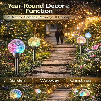 plplaaoo Outdoor Solar Globe Lights – 2 Pcs Cracked Glass Solar Stake Lights with Color Changing LED Bulbs, Waterproof Solars Pathway Light for Garden, Yard & Christmas Decoration (IP65)