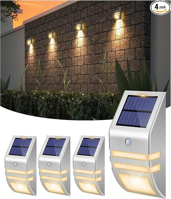 4 Pack Solar Stainless Steel Fence Lights Outdoor Waterproof Motion Sensor Wall Sconce for Backyard Post, Deck | Lumora