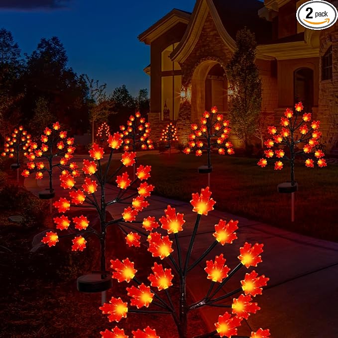 Fall Décor Solar Garden Lights for Outdoor Thanksgiving Decorations,2PACK 40LED RED Maple Leaves Path Lights,Autumn | Lumora