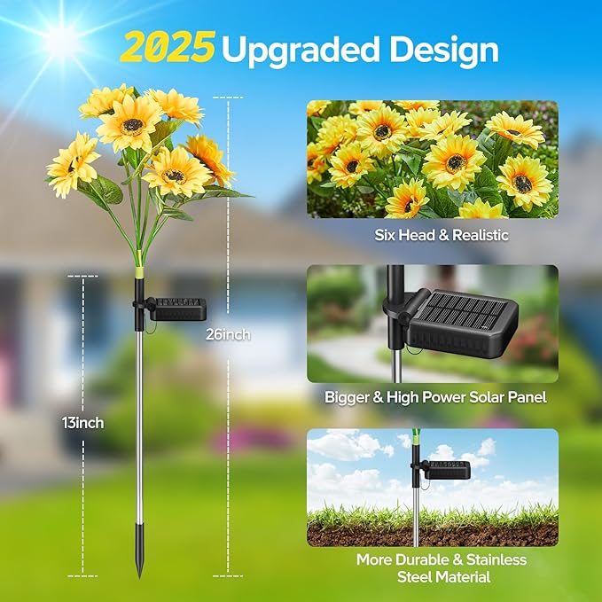 Solar Sunflower Lights Outdoor Waterproof - 6 Pack with 36 Bright Solar Sunflower Lights, IP65 Waterproof Light for Outdoor Flower Bed, Yard, Pathway, Patio Decor - for Mom, Women, Grandma