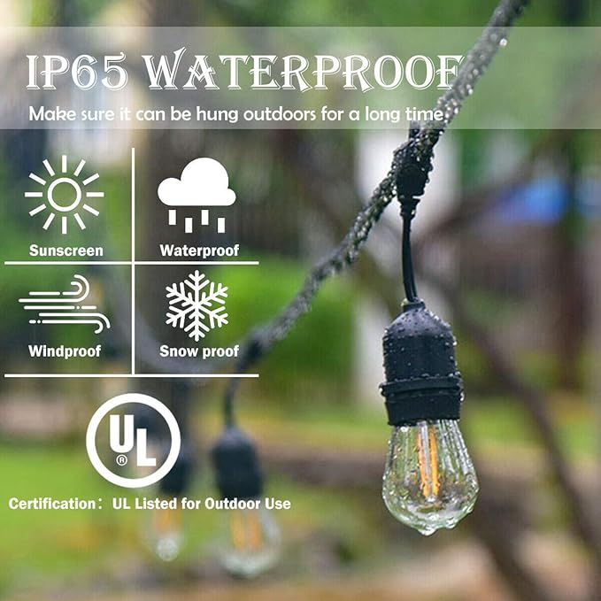 Costzon LED String Lights, 48 Ft Waterproof Commercial Grade Decorative Outdoor String Lights, UL Listed, 15 Hanging Sockets, 16PCS S14 2W LED Bulbs, Suitable for Garden Café Wedding Malls (1 Pack)