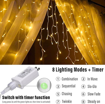 Joomer Christmas Icicle Lights - 19FT Outdoor String Lights Waterproof, 8 Modes Timer Connectable Plug-in String Light for Christmas Party, Eaves, Roofs, Xmas Decorations (Warm White)