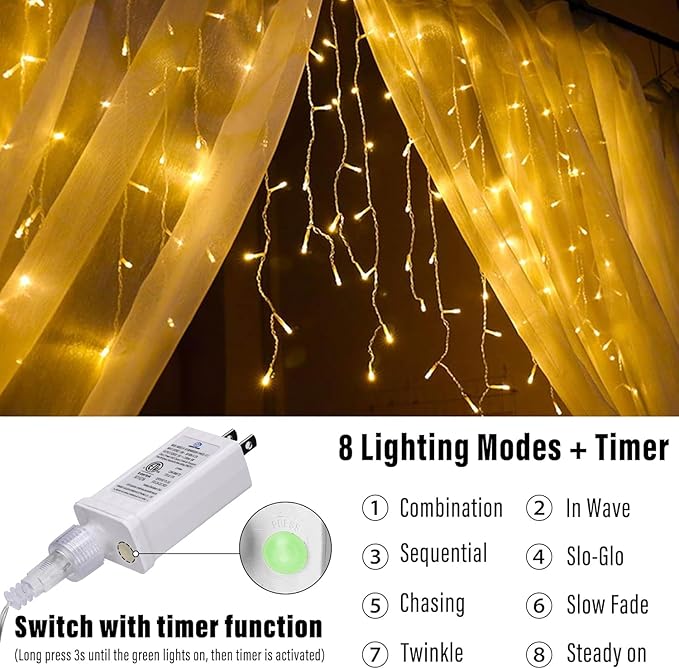 Joomer Christmas Icicle Lights - 66FT String Lights Outdoor Waterproof, 8 Modes Timer Connectable Plug-in String Light for Eaves, Roofs, Christmas Decorations (Warm White, Non-Connectable)