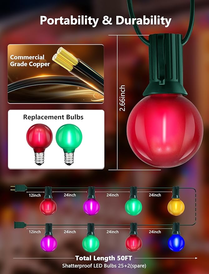 50Ft G40 Globe String lights Outdoor, Frosted Multicolor Christmas Lights with 27 Shatterproof LED Bulbs, Hanging | Lumora