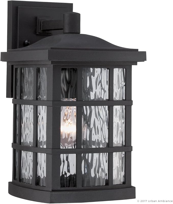 Urban Ambiance Luxury Craftsman Outdoor Wall Light, Small Size: 13" H x 8" W, with Tudor Style Elements, Highly-Detailed Design, High-End Black Silk Finish and Water Glass, UQL1232