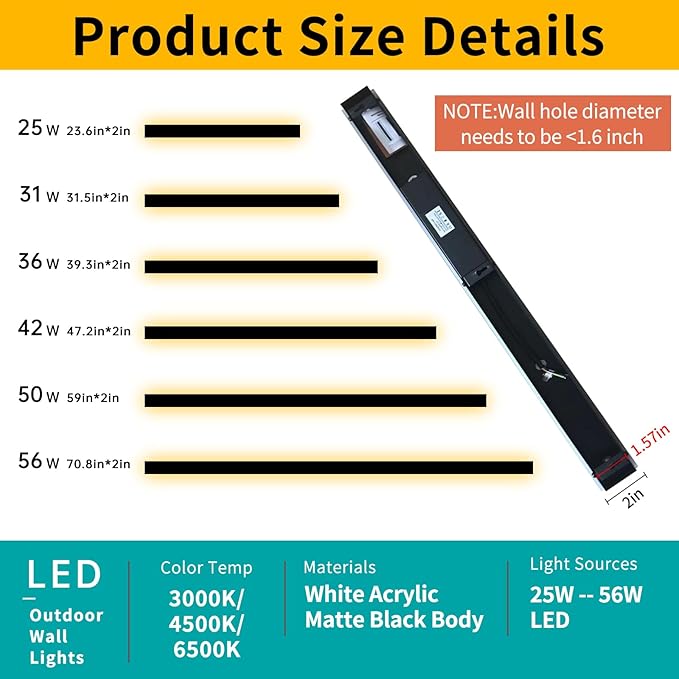 Mikeru 47.2inch Long LED Wall Light, 3000k/4500k/6000k Three Colors Switchable Modern Exterior Wall Sconces Acrylic | Lumora