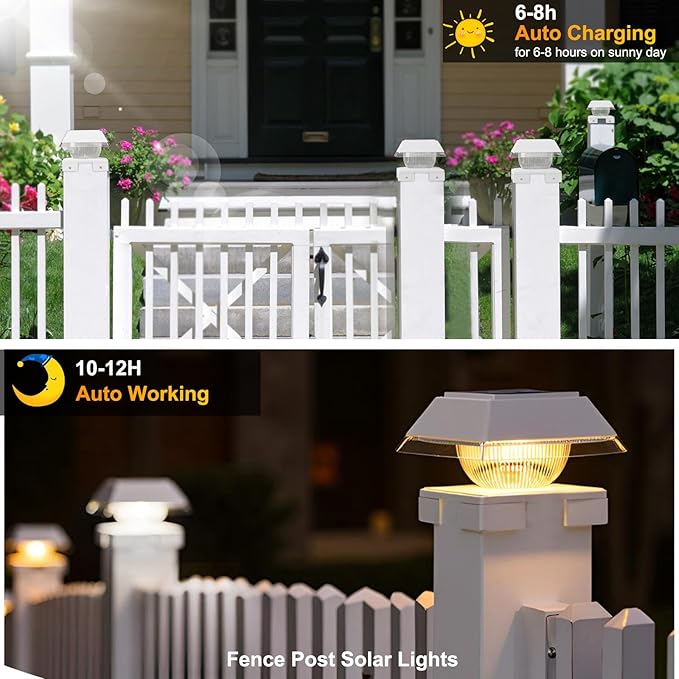 4x4 Solar Post Cap Lights with 2 Lighting Modes, 6 Packs Outdoor Post Light Solar Powered Waterproof IP65, Fence Deck Lights for 4×4 Wood/Vinyl Posts, White