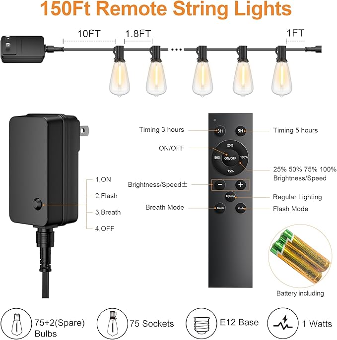 150FT Outdoor String Lights with Remote, Garden Patio Decor with 2500K Warm White, 75+3 LED Edison Bulbs, Support | Lumora
