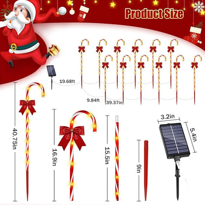 40in Christmas Solar Candy Cane Pathway Lights, 12Pcs 120 LED Solar Outdoor Christmas Decorations with Red Bow Waterproof, 8 Modes Timer Remote Walkway Garden Light for Xmas Yard Lawn Patio Decor
