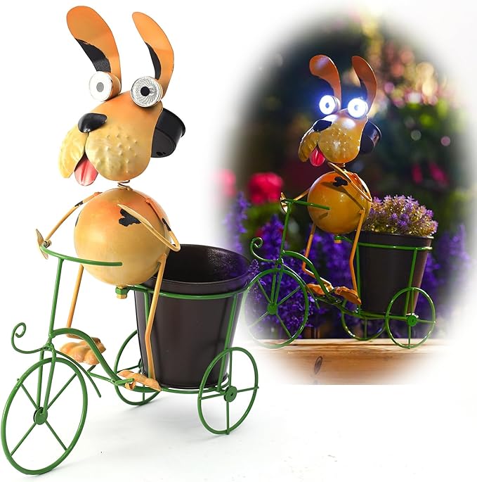 Dog Solar Lights Outdoor Cycling Plant Stand,Yard Art Metal Dog Statues,Outdoor Funny Statue for Garden Decor Yard Lawn Ornaments