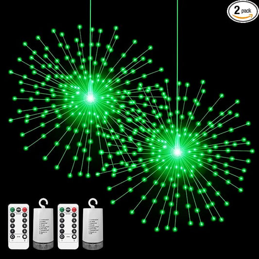 2 Pack Starburst Sphere Lights,200 LLED Firework Lights, 8 Modes Dimmable Remote Control Waterproof Hanging Fairy Light, Copper Wire Light for Patio Parties Christmas (Green)