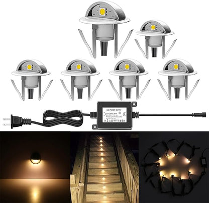 6 Pack LED Stair Lights Kit Low Voltage Waterproof IP65 Outdoor 1-2/5" Recessed Wood LED Deck Lighting Yard Garden Patio Step Landscape Pathway Decor Lamps,Warm White
