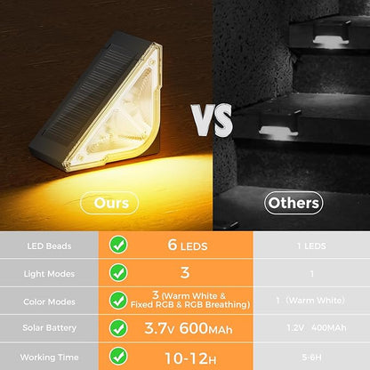 Solar Step Lights for Outside, 6 Pack Stair Lights Outdoor Waterproof with RGB & Warm White Mode, Auto ON/Off LED Step Lights Outdoor Solar Powered for Step Stair Patio Yard Porch Frontdoor