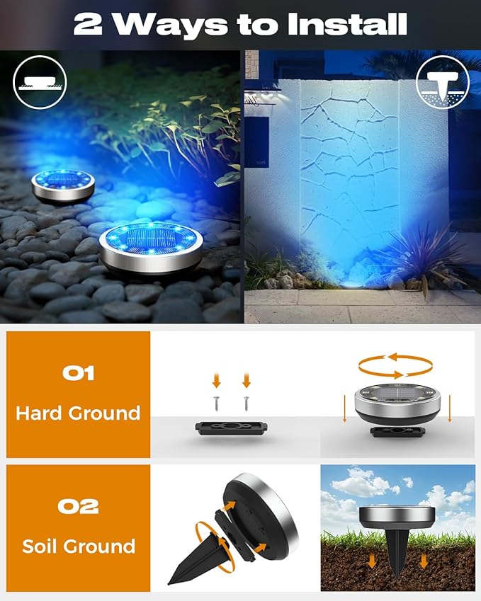 btfarm 4 Pack Solar Lights Outdoor, 8 LED Solar Ground Lights IP65 Waterproof Flat Solar Disc Light, Pathway Lights | Lumora
