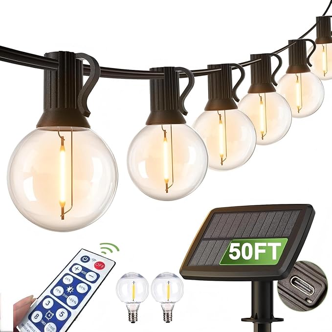 Solar Outdoor String Patio Bistro Lights, 50ft 52LED 3W G40 Bulbs, USB Rechargeable Portable Edison Café String | Lumora