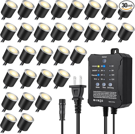 SMY Lighting Dimmable LED Deck Lights with Timer and Photocell Sensor and Protecting Shell φ32mm,30Pack Outdoor LED Smart Deck Lighting IP67 Waterproof for Garden,Yard Stair, Patio, Floor Decoration