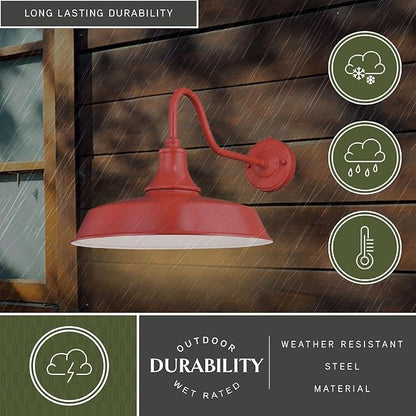 VAXCEL Dorado 12.25 in. H 1-Light Red and White Dusk to Dawn Sensor Farmhouse Outdoor Wall Sconce, Gooseneck Steel Shade, LED Compatible, Dark Sky Compliant for Porch Patio Front Door or Garage