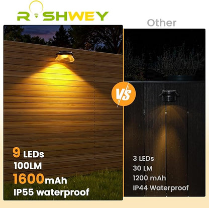 ROSHWEY Outdoor Fence Lights, 6 Pack Solar Gutter Lights with 9 LED Waterproof for Eaves Garden Garage Porch Stairs Wall 2 Installations Methods, Black Lampshade (Warm White)