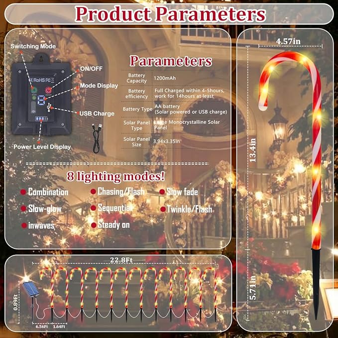 Solar Candy Cane Lights, 12PCS Waterproof Candy Cane Christmas Outdoor Lights with 72LED, 8 Modes 1200mAh Solar Powered Outdoor Decorations Led Light for Christmas Pathway, Yard, Patio, Garden