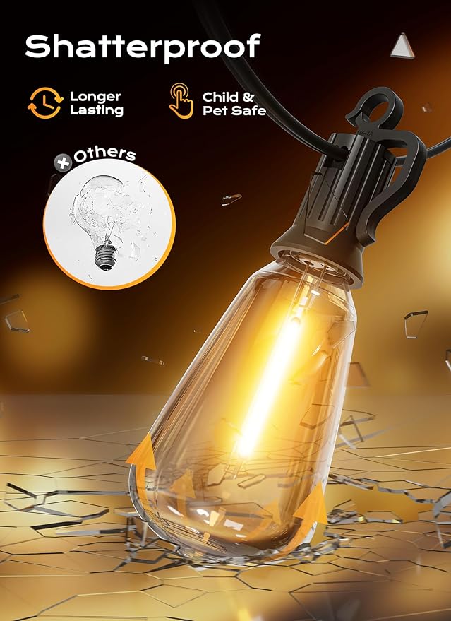 Brightown Outdoor String Lights, 50FT 18+1 LED ST38 LED Patio Lights Shatterproof, Dimmable IP65 Waterproof | Lumora