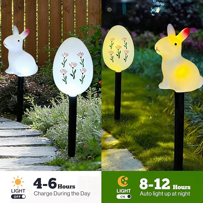 AVEKI 5 Pcs Easter Bunny and Egg Solar Pathway Lights Outdoor, Stake Lights with Steady & Flashing Modes, Waterproof Outdoor Garden Lights for Easter Decorations Yard Pathway (Bunny and Egg)