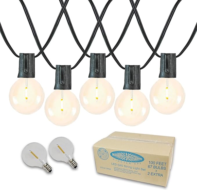 Novelty Lights 100 Feet G40 LED Patio String Light Set with 67 Bulbs, Warm White, Weather Resistant and Shatterproof Replaceable Plastic Globe Bulbs, Black Wire