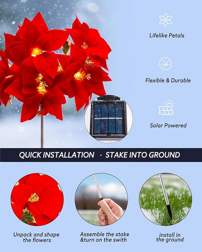 Solar Christmas Flower Lights-IP65 Waterproof XS Pathway Lights,Outdoor Christmas Decorations with 7 Bouquets/1 Stake,Unique Flower Design Complement The Christmas Trees for Garden/Yard/Patio,2 Packs