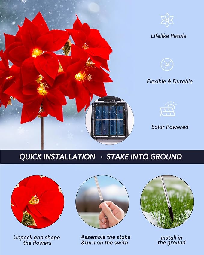 Solar Christmas Flower Lights-IP65 Waterproof XS Pathway Lights,Outdoor Christmas Decorations with 7 Bouquets/1 Stake,Unique Flower Design Complement the Christmas Trees for Garden/Yard/Patio,4 Packs