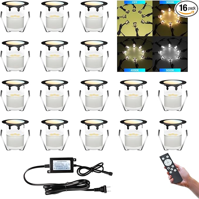 LED Outdoor Deck Lights, Φ30mm 3CCT Low Voltage 12V, 16 Pack Black IP65 Waterproof, Electric Wired Mini Recessed Under Landscape Lighting for Yard Stair Step Floor Riser